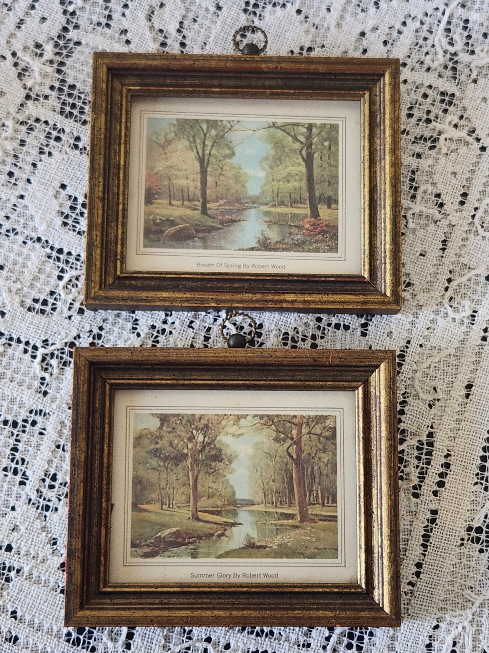 Vintage Gold Framed Pastoral Landscape Prints with Green and Blue Tones Set Of 2